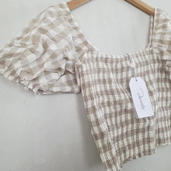 NEW Peixoto Smocked Cream and Tan Gingham Checkered Crop Top Large - Picture 9 of 10